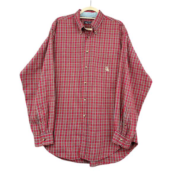 Nautica Classic Red Plaid‎ Pattern Long Sleeve Button-Up Shirt Mens Large - Picture 1 of 6